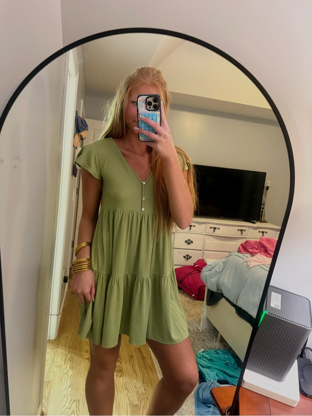 Tiered V-Neck Mini Dress in Olive Green